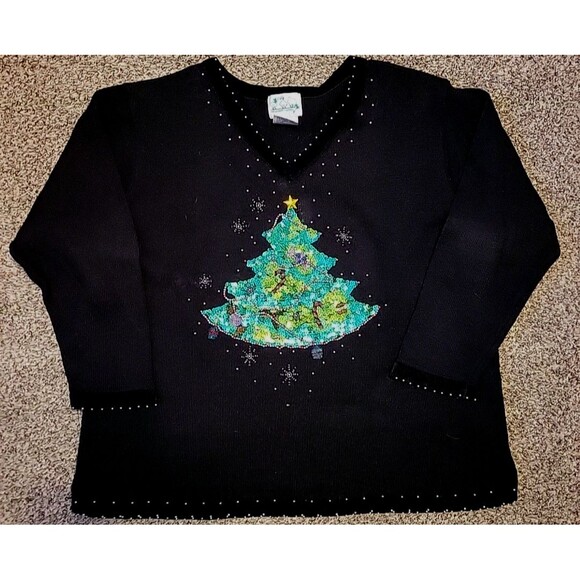 Quacker Factory Christmas Tree Sweater Embelish Bead Holiday Sequins 2X Vintage - Picture 2 of 10